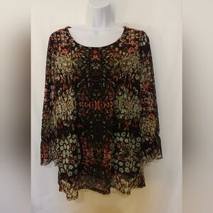 Bohemian Floral Print Women's Peasant Top Multicolor Long Sleeves Size L
